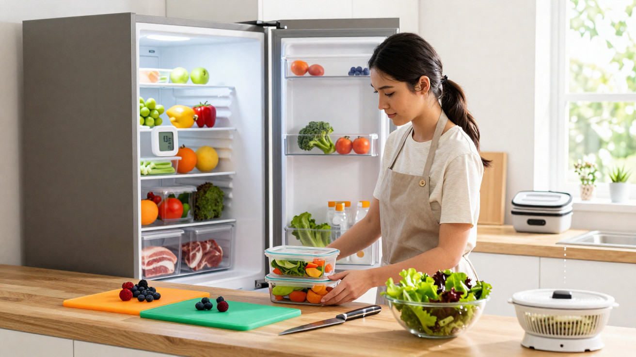 Mulher organiza meal prep saudável com legumes, fruta e carne na cozinha moderna e luminosa.