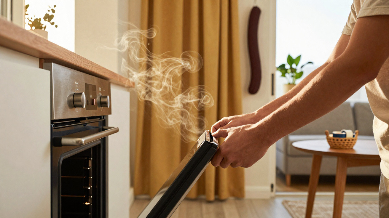 Pessoa a abrir porta de forno com vapor a sair no interior de uma cozinha moderna e iluminada.