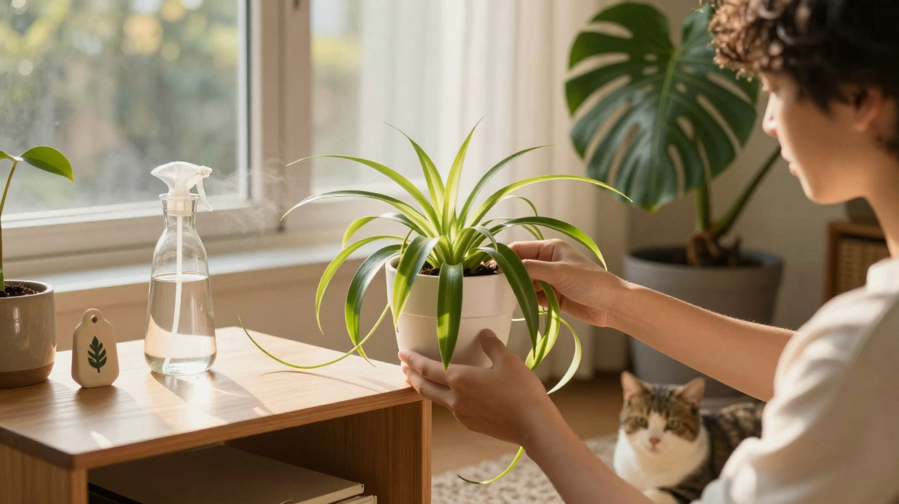 Pessoa a cuidar de planta em vaso, com gato sentado no chão e pulverizador na mesa junto à janela.