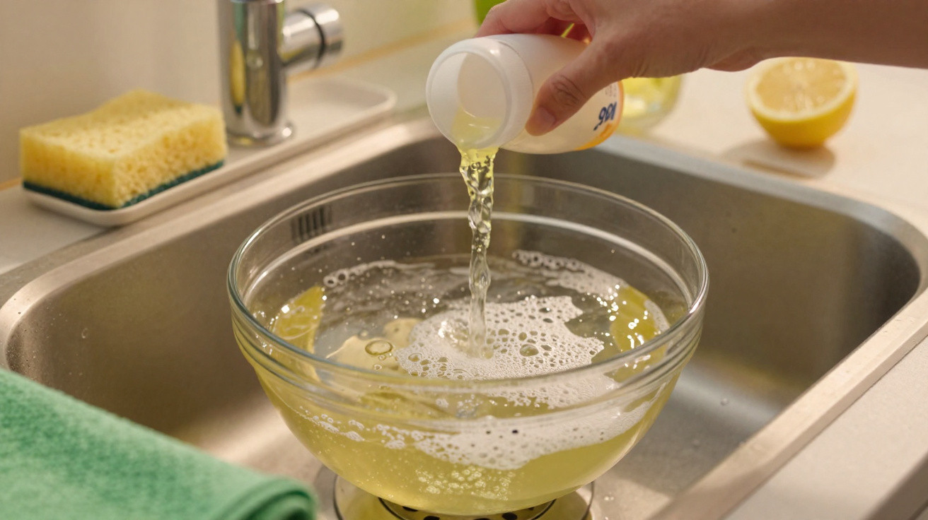 Mão a verter líquido amarelo de um recipiente para uma tigela de vidro com água na pia da cozinha.