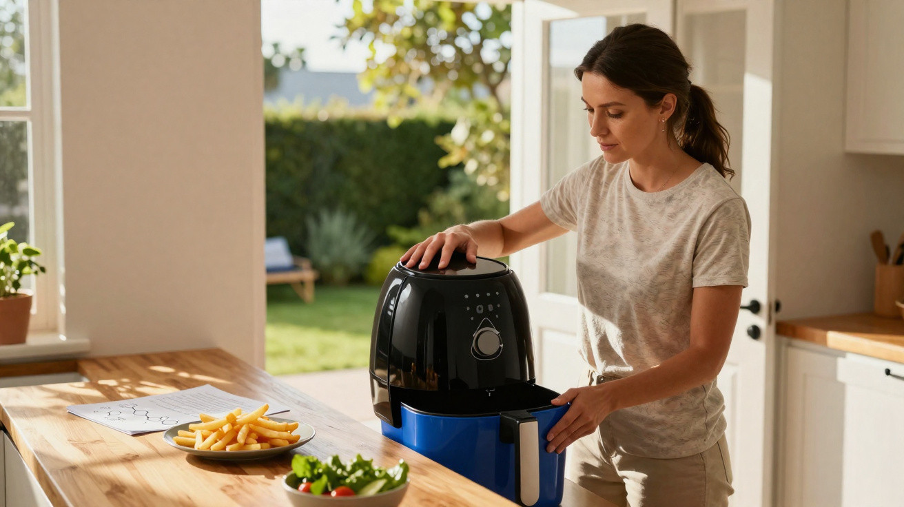 Mulher a preparar batatas fritas numa fritadeira elétrica numa cozinha com luz natural.