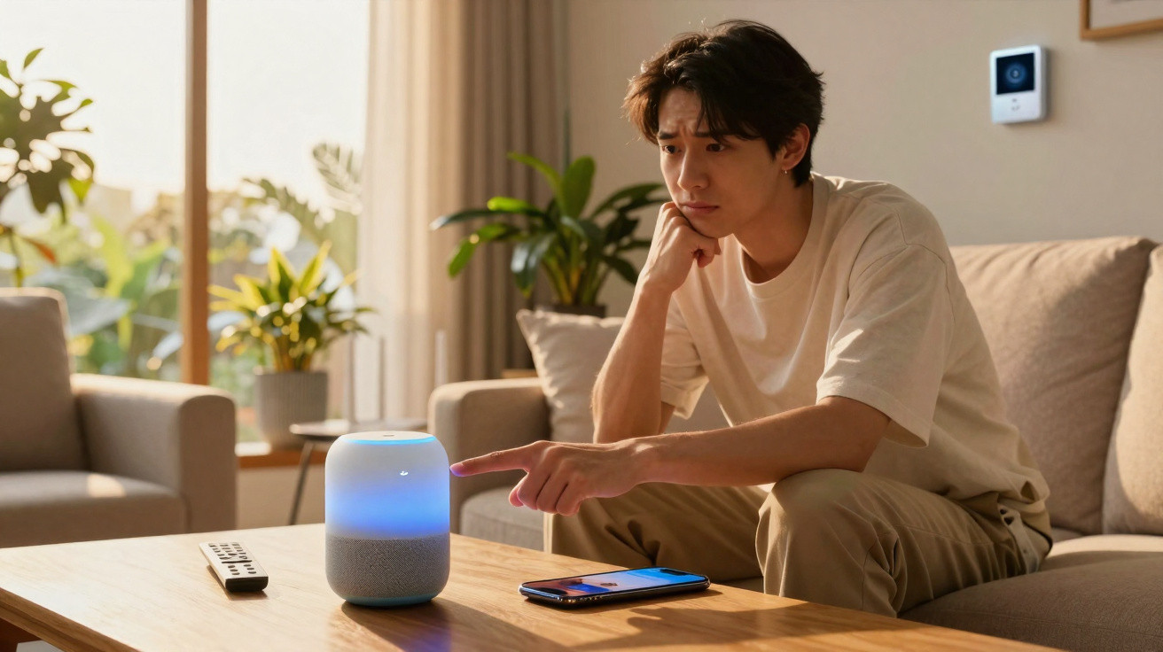Homem sentado no sofá a usar comando de voz com assistente inteligente numa sala iluminada.
