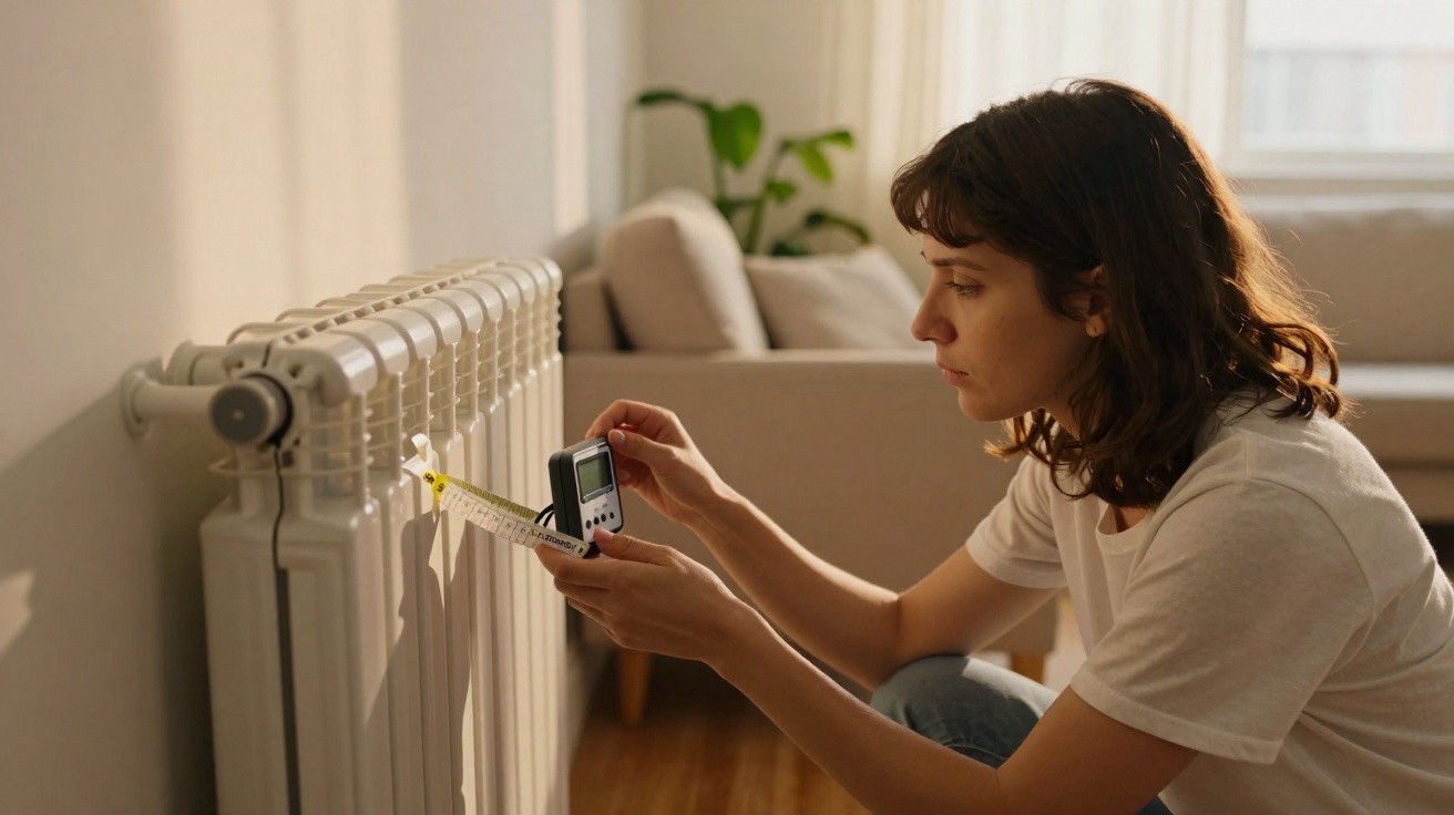 Mulher mede a temperatura de um radiador com termómetro digital numa sala iluminada.
