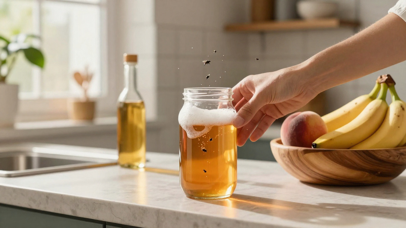 Mão a afastar copo com cerveja e moscas a voar, num balcão de cozinha com frutas numa taça.