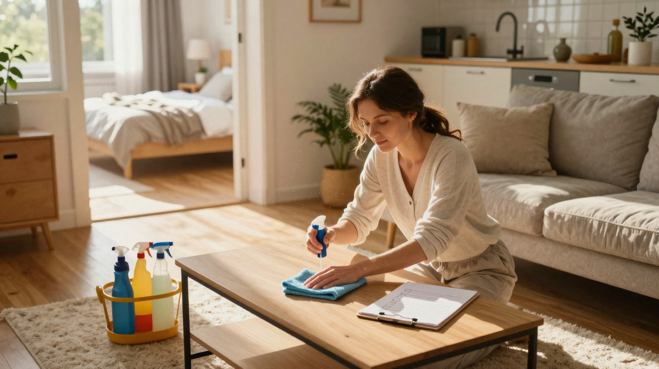 Mulher a limpar uma mesa de madeira numa sala de estar iluminada e arrumada, com produtos de limpeza ao lado.