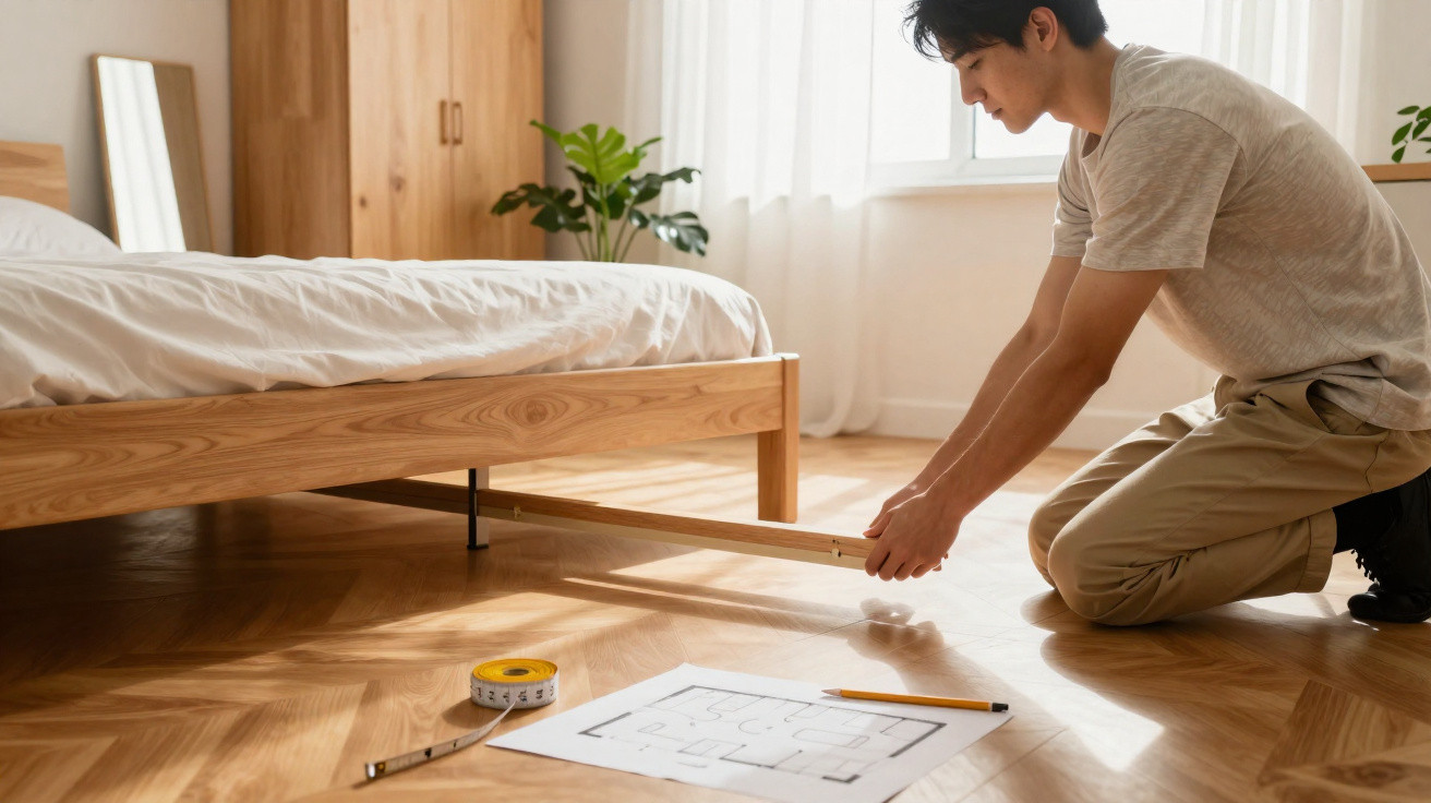 Homem a fazer medições de móvel de cama num quarto com planta, lápis e fita métrica no chão.