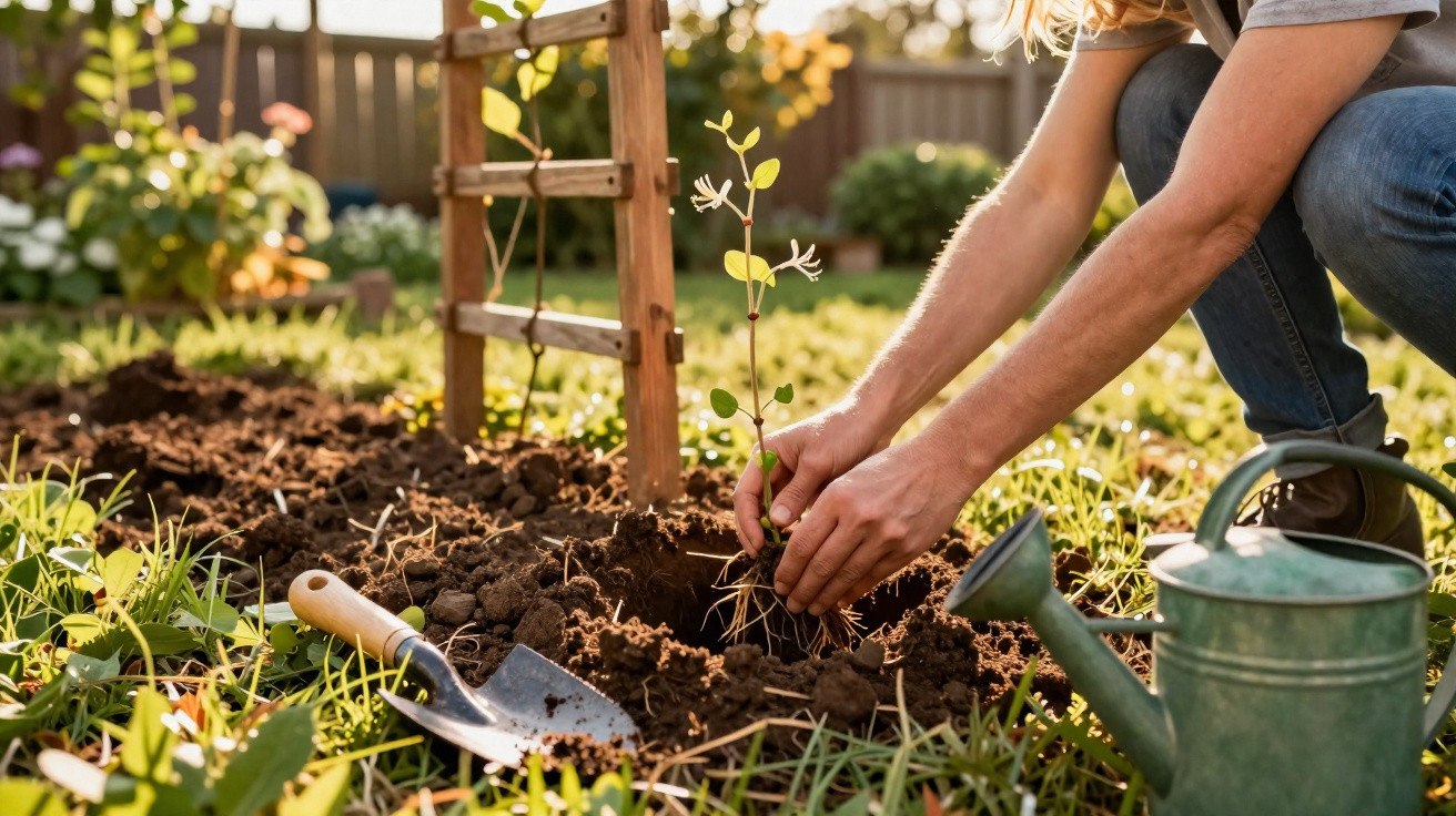 Pessoa a plantar uma muda de planta num jardim com acessórios de jardinagem ao lado.