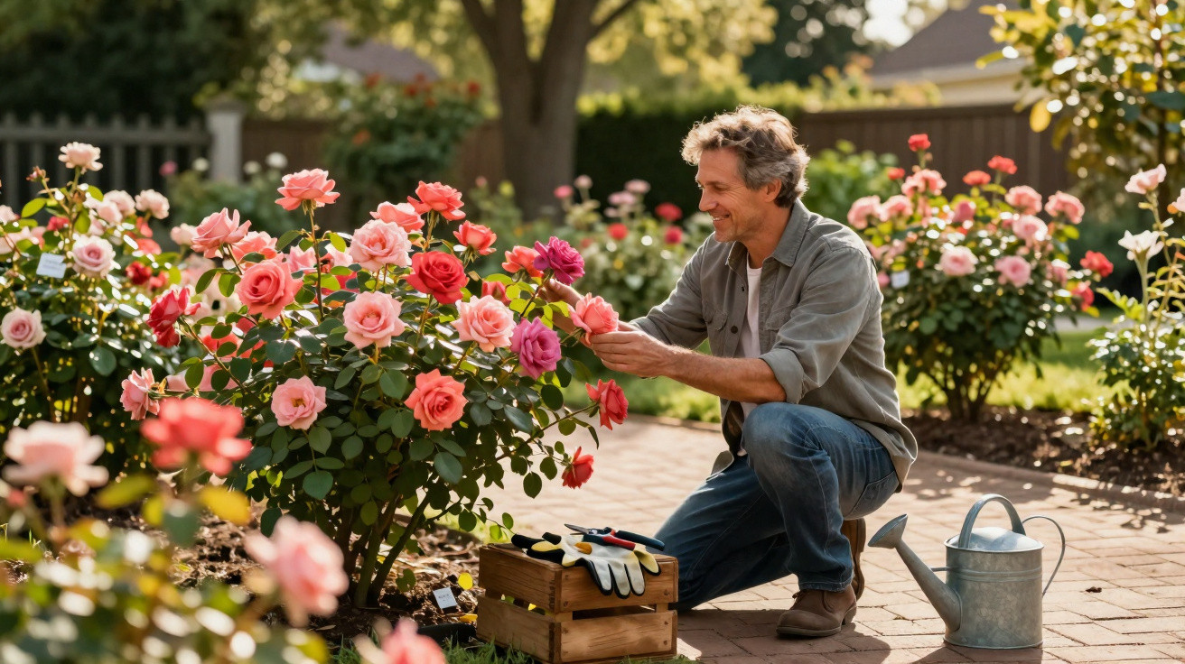 Homem a cuidar de roseira com várias rosas coloridas num jardim ensolarado.