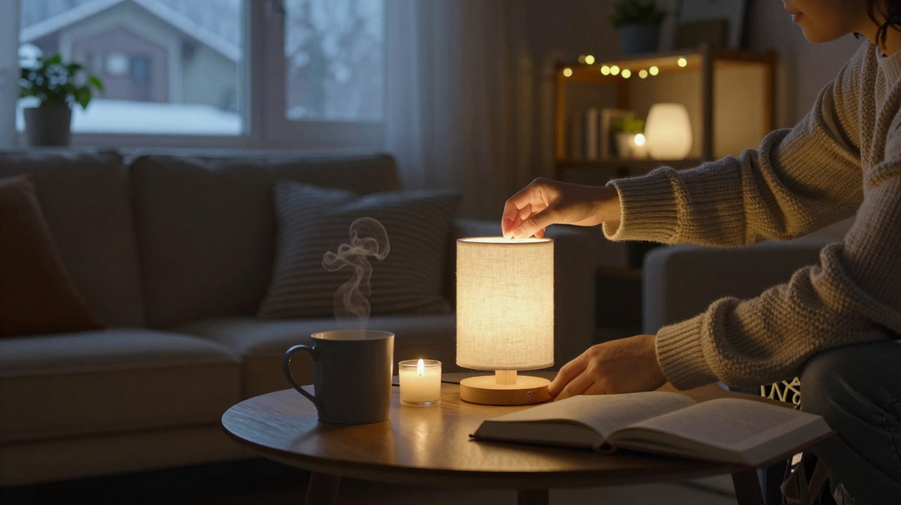 Pessoa a ligar candeeiro numa sala acolhedora com chá e vela numa mesa com livro aberto.