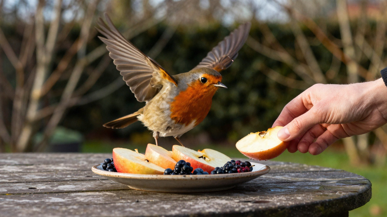 Pássaro com plumagem laranja pousa num prato com fatias de maçã e amoras enquanto uma mão segura uma fatia.