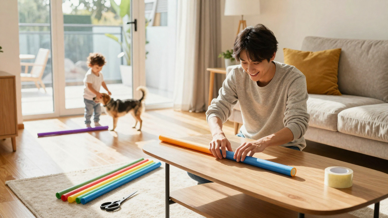 Pessoa a enrolar papel azul numa mesa, criança a brincar com cão numa sala luminosa com chão de madeira.
