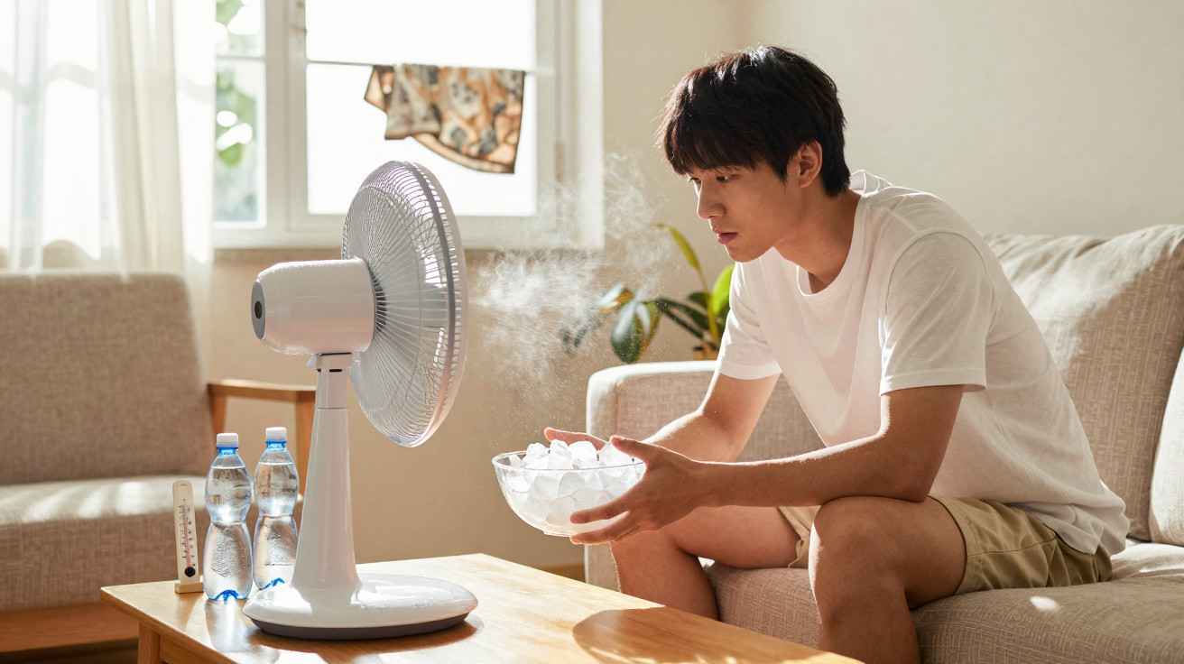 Homem sentado em casa a refrescar-se com ventilador e cubos de gelo numa sala iluminada pelo sol.