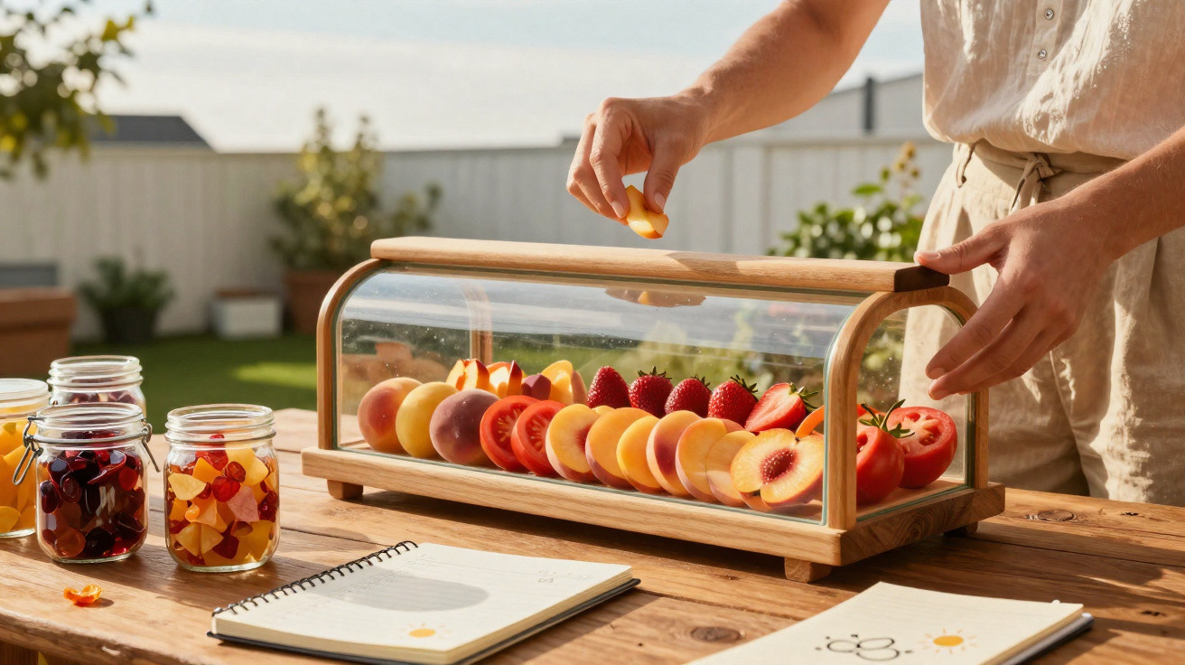 Mão a pegar fruta fresca em caixa de madeira com tampa de vidro, frutas fatiadas e frascos com compotas na mesa.