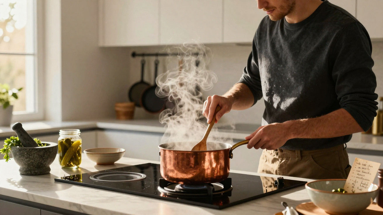 Homem a mexer uma panela de cobre com vapor numa cozinha moderna com luz natural.