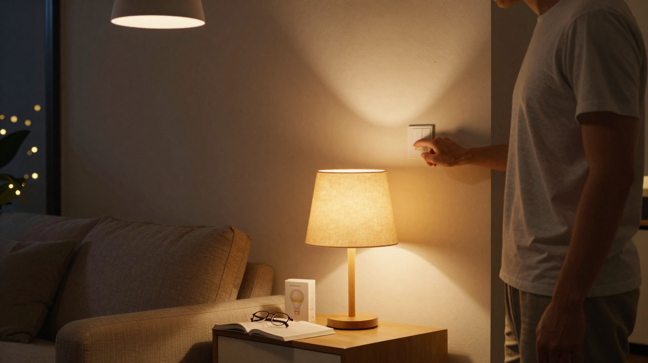 Pessoa a ligar uma luz de mesa numa sala de estar com sofá, livro e óculos sobre mesa de apoio.