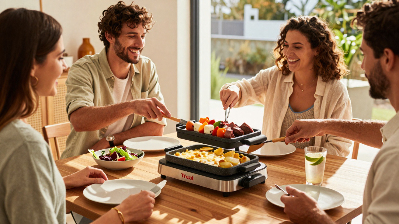 Quatro adultos a partilhar uma refeição com raclette numa mesa de madeira junto a uma janela.