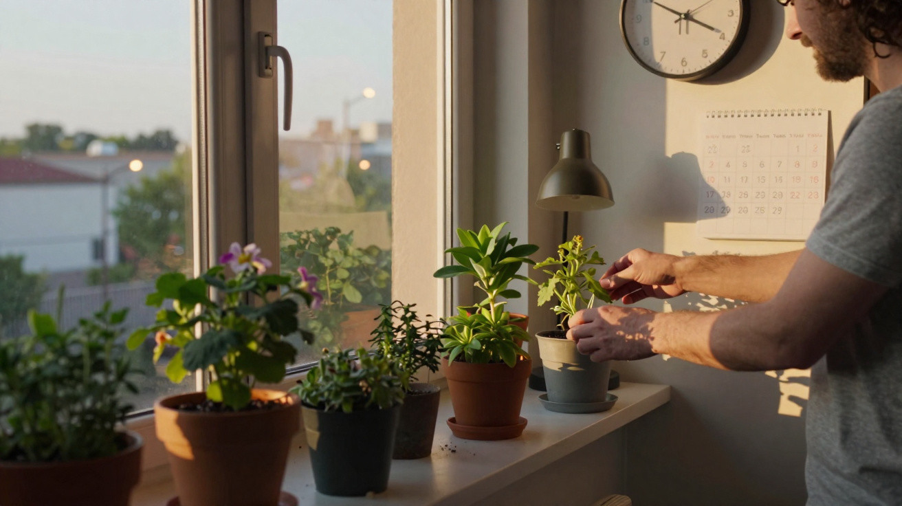 Pessoa a cuidar de plantas em vasos numa janela iluminada pelo sol da tarde.
