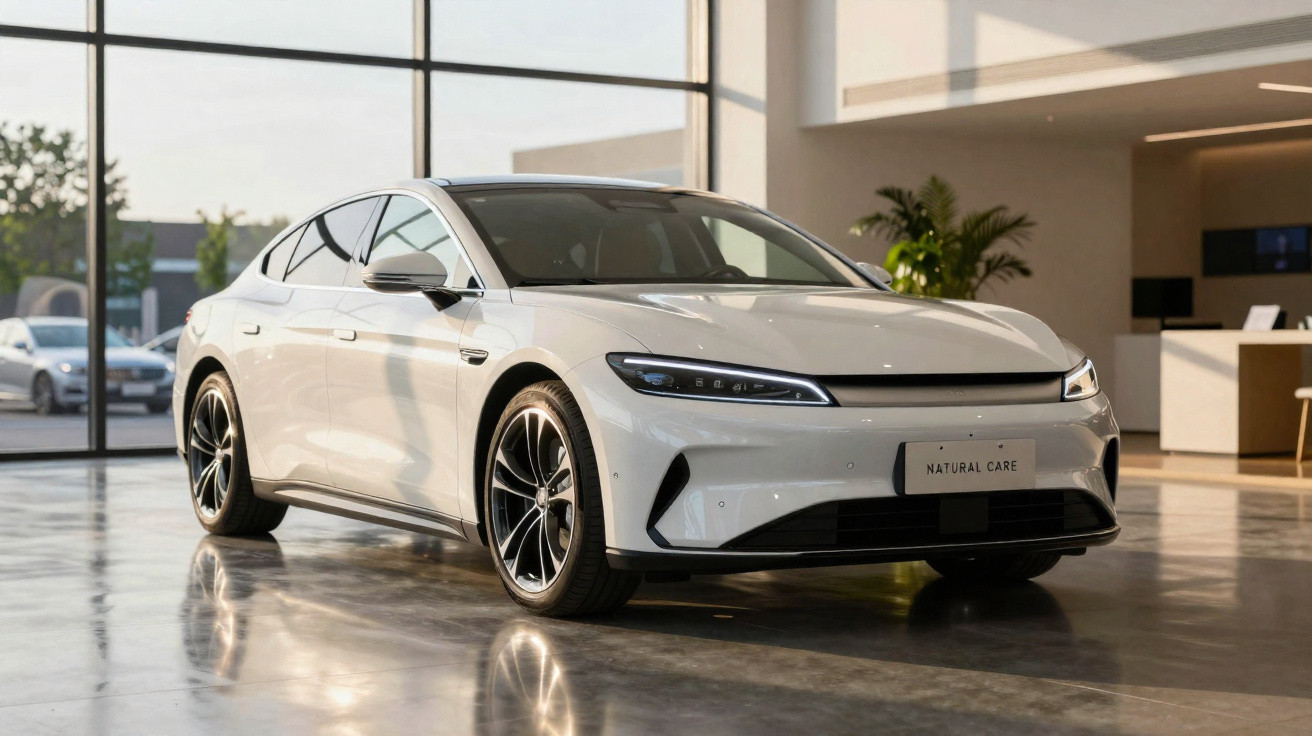 Carro elétrico branco moderno estacionado num showroom com chão refletor e grandes janelas de vidro.
