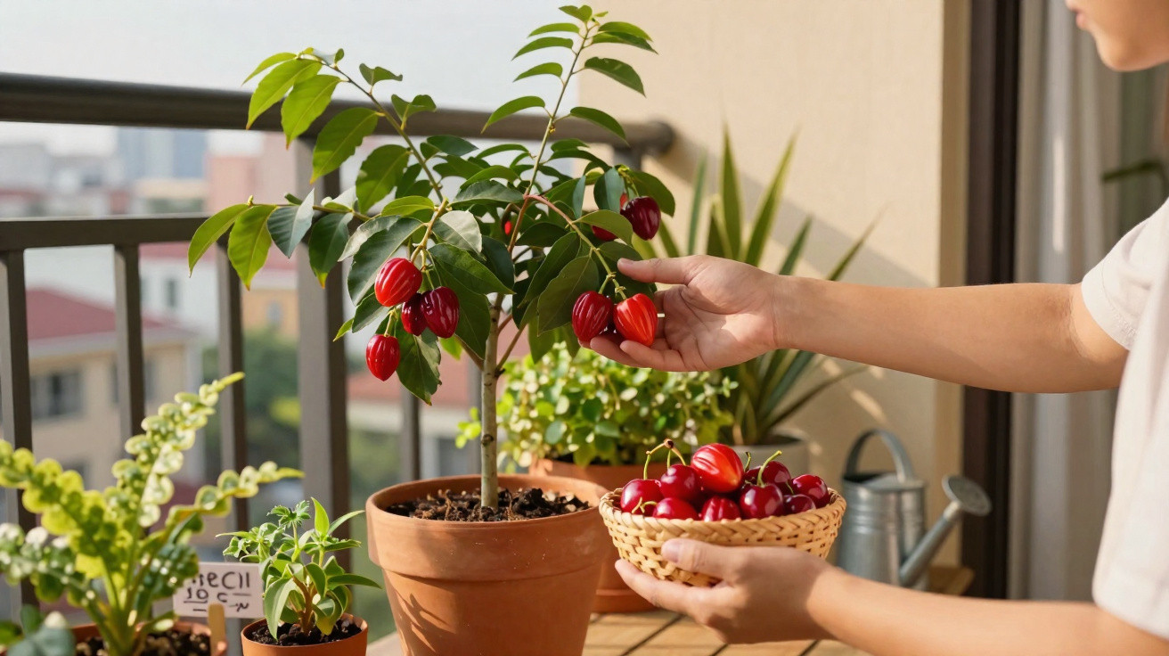 Pessoa a colher frutos vermelhos de uma planta em vaso num varandim com outras plantas ao redor.