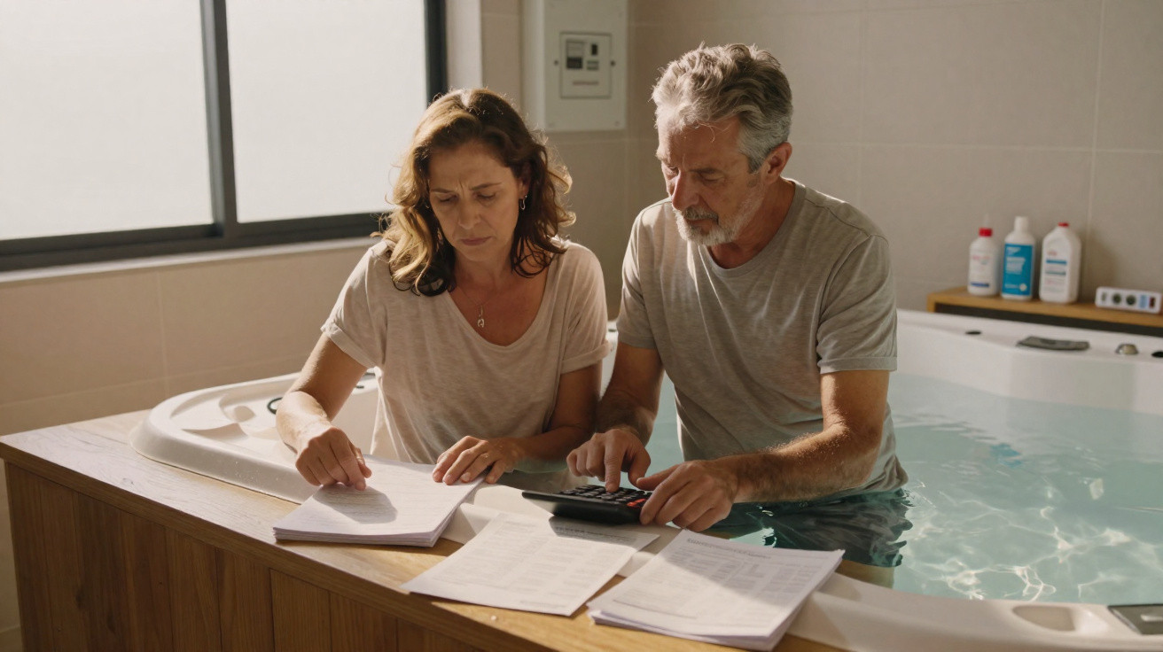 Casal sentado na banheira a analisar documentos e calcular despesas com uma calculadora.