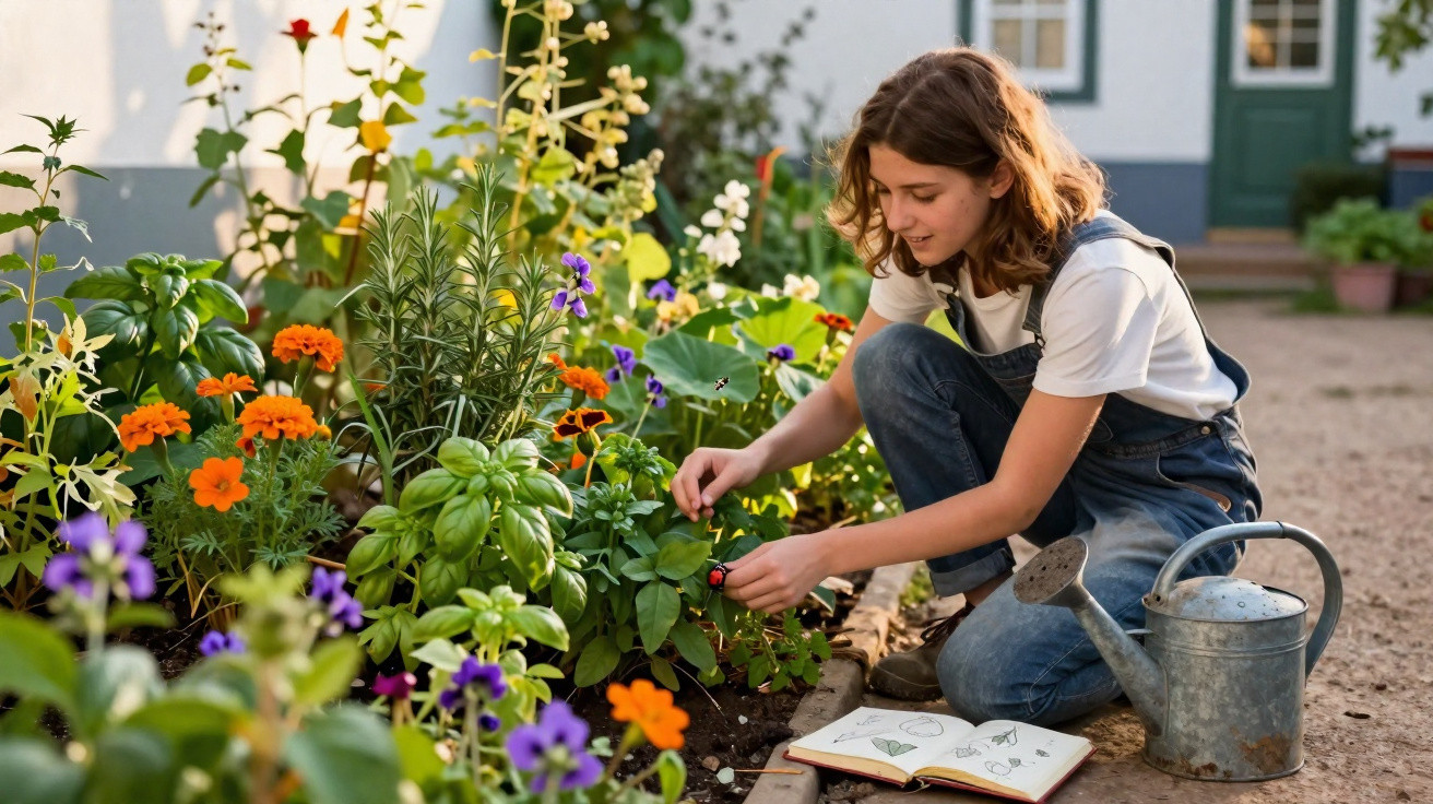 Jovem a cuidar de plantas num jardim com flores coloridas e regador metálico ao lado.
