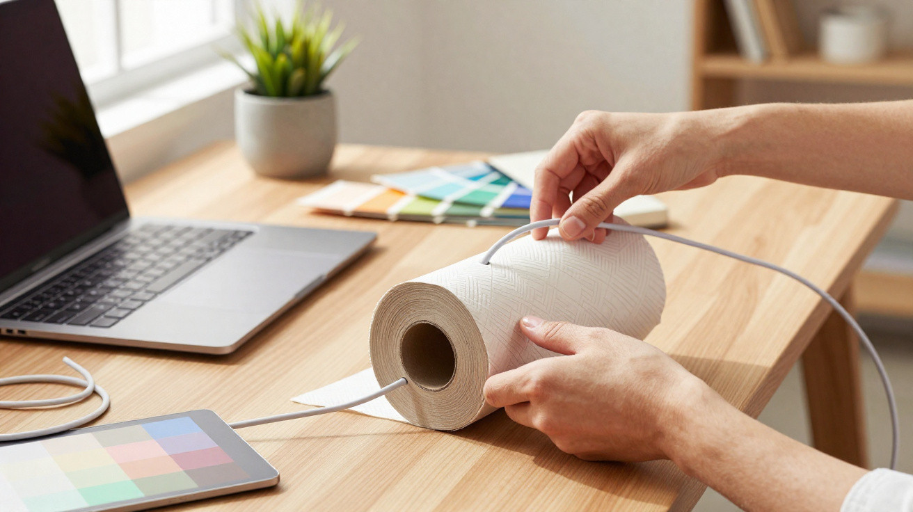 Mãos enrolando um comando elétrico num rolo de papel higiénico sobre uma secretária com computador portátil e amostras de cor
