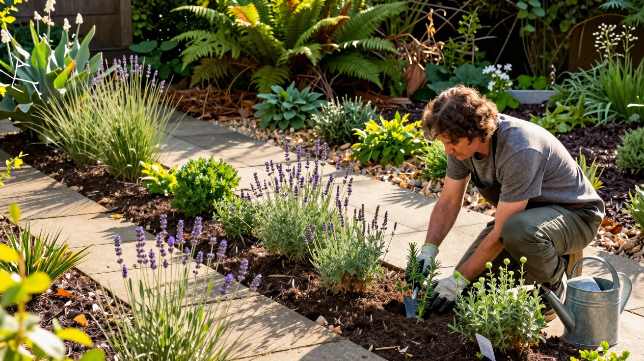 Homem a plantar flores num jardim bem cuidado com trilhos de pedra e vegetação variada.