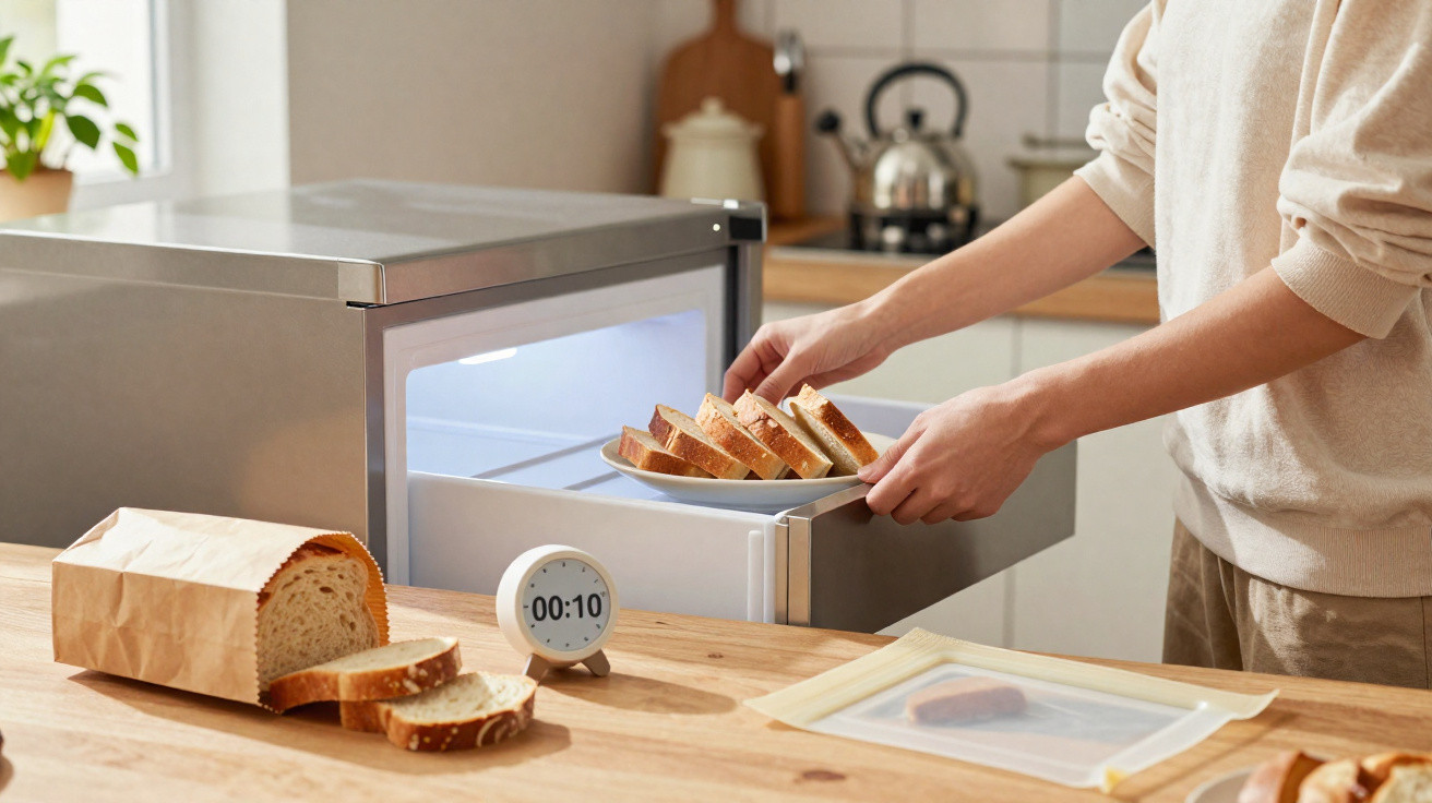 Pessoa a colocar fatias de pão numa pequena torradeira na cozinha, com pão e temporizador na bancada.