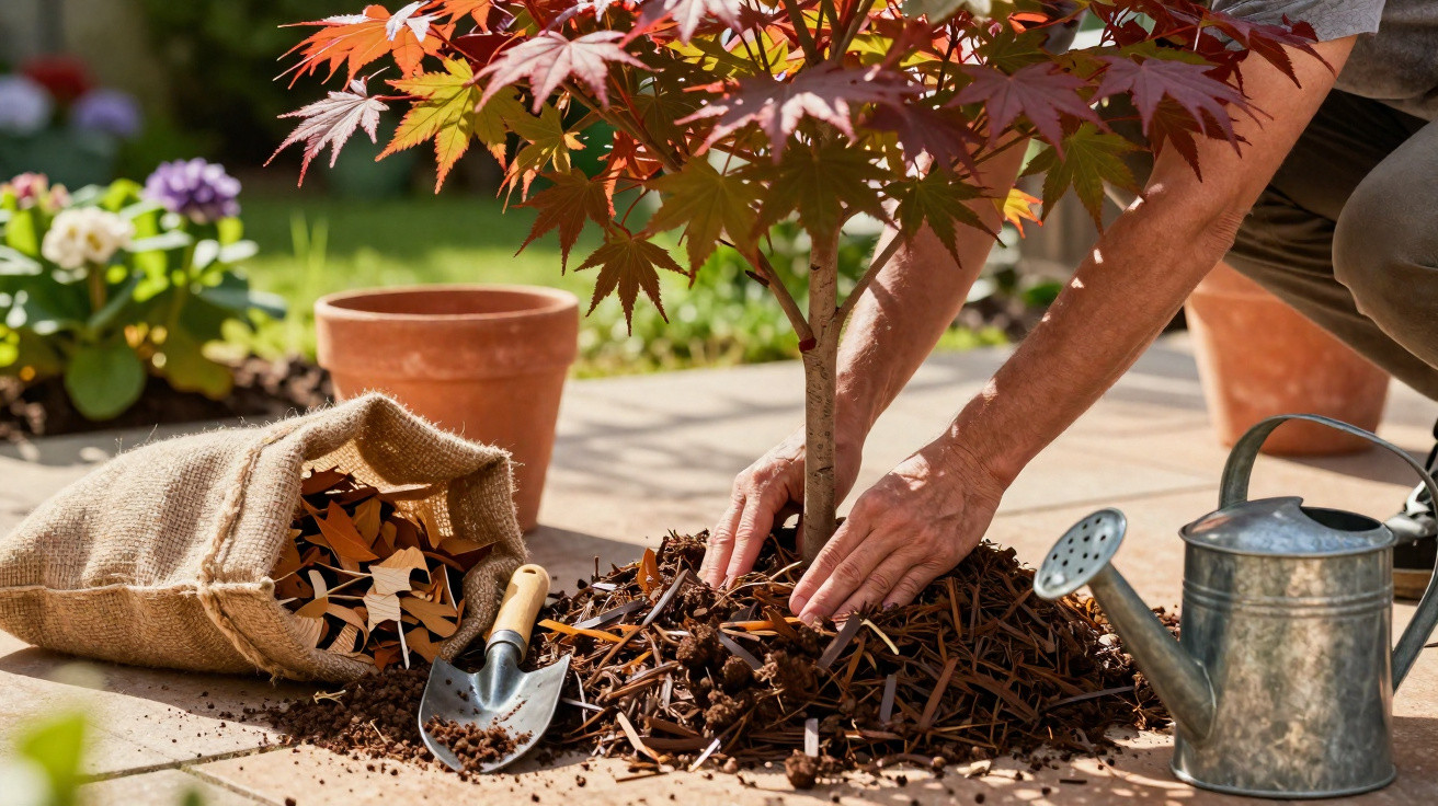 Mãos a cobrir o solo com mulch à volta da base de uma planta em vaso num jardim ensolarado.