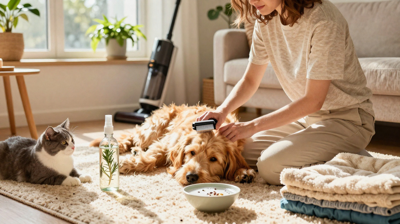 Pessoa limpa o pelo de cão dourado deitado em tapete, com gato cinzento e branco a observar.