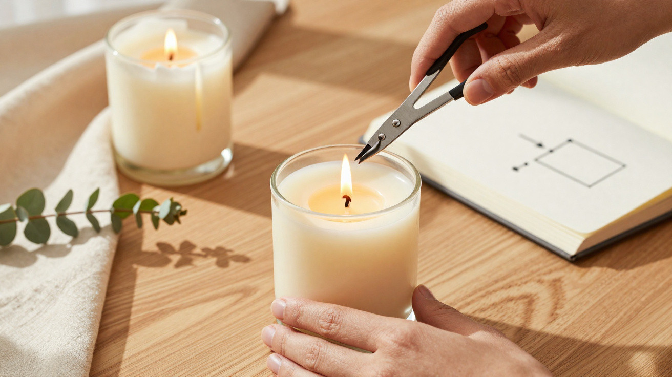 Mãos a cortar o pavio de uma vela branca acesa numa mesa de madeira, com outra vela e livro ao fundo.