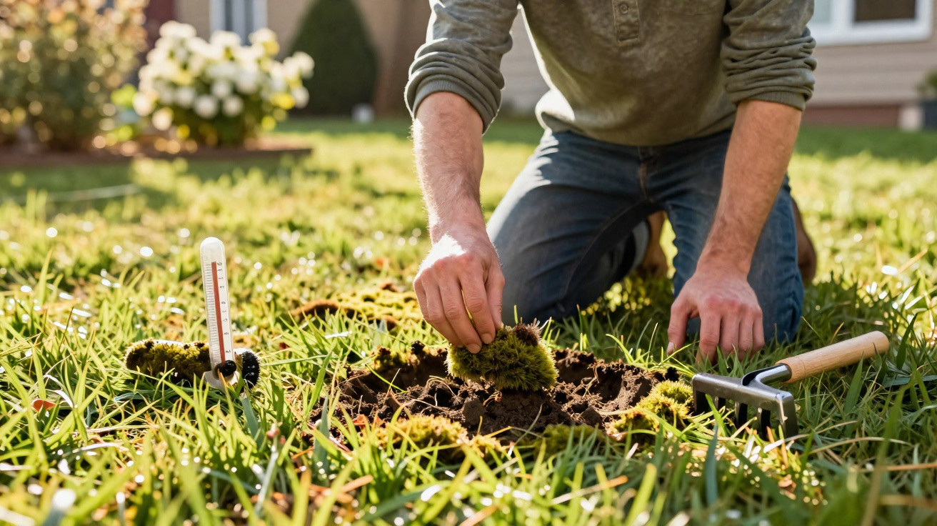 Pessoa a remover relva morta do solo num jardim ensolarado com ferramenta de jardinagem ao lado.