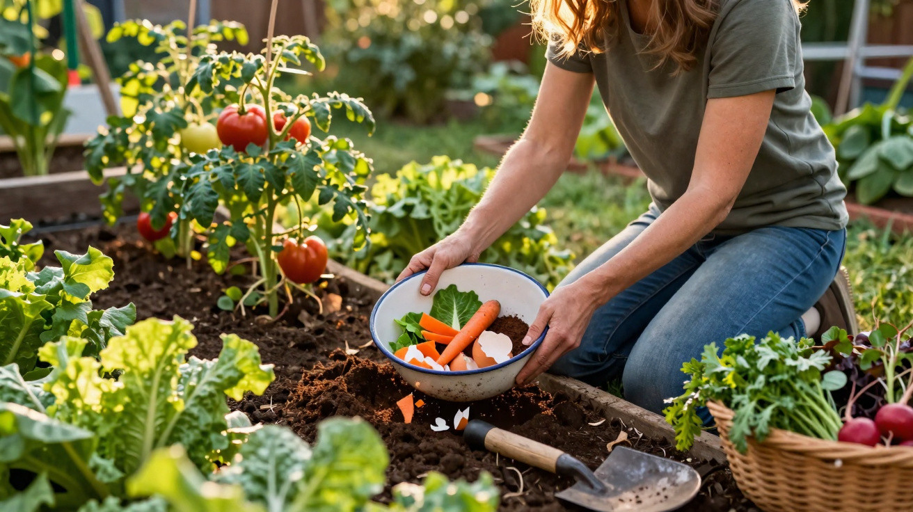 Pessoa a compostar restos de legumes numa horta com plantas de tomateiros e verduras ao redor.