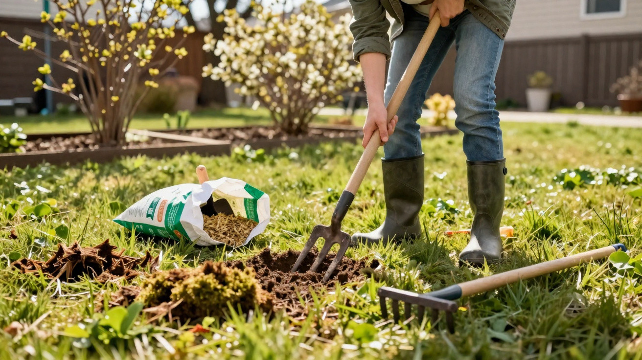 Pessoa com botas a mexer a terra no jardim com um garfo de jardim e saco de pellets ao lado.