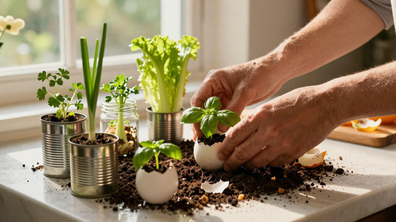 Mãos a plantar ervas em cascas de ovo com outros vasos improvisados num balcão iluminado pela luz natural.