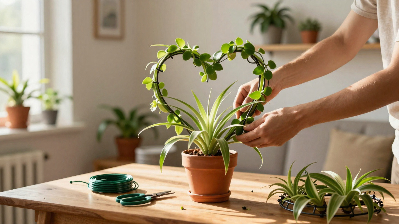 Pessoa a arranjar uma planta com estrutura em forma de coração numa mesa de madeira iluminada pela luz natural.