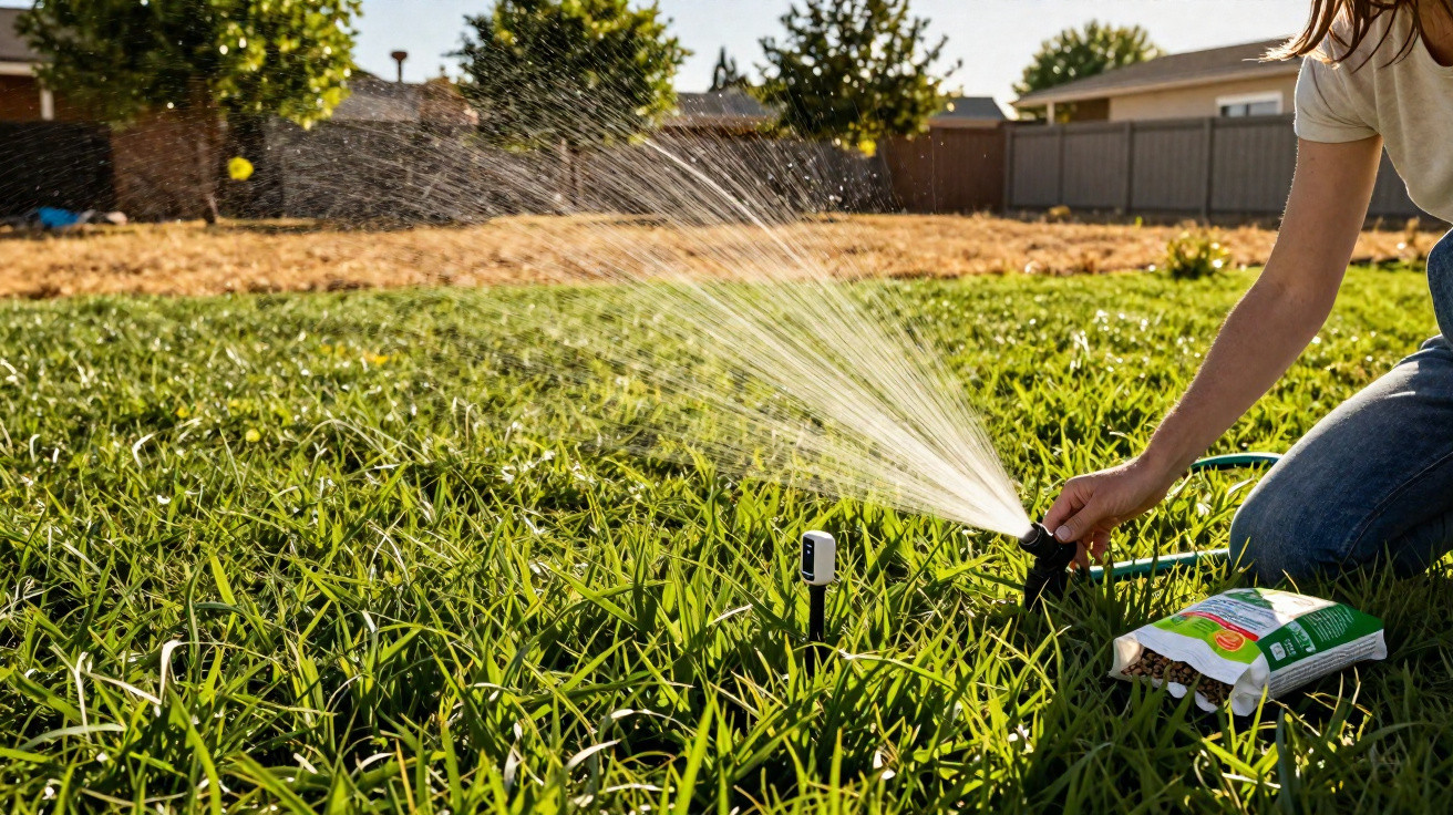 Pessoa ajusta aspersor automático a regar relva num jardim com árvores e casas ao fundo.