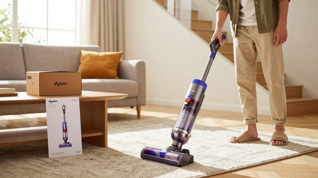 Pessoa a aspirar tapete claro numa sala iluminada com aspirador Dyson sem fio e cartão do produto na mesa.