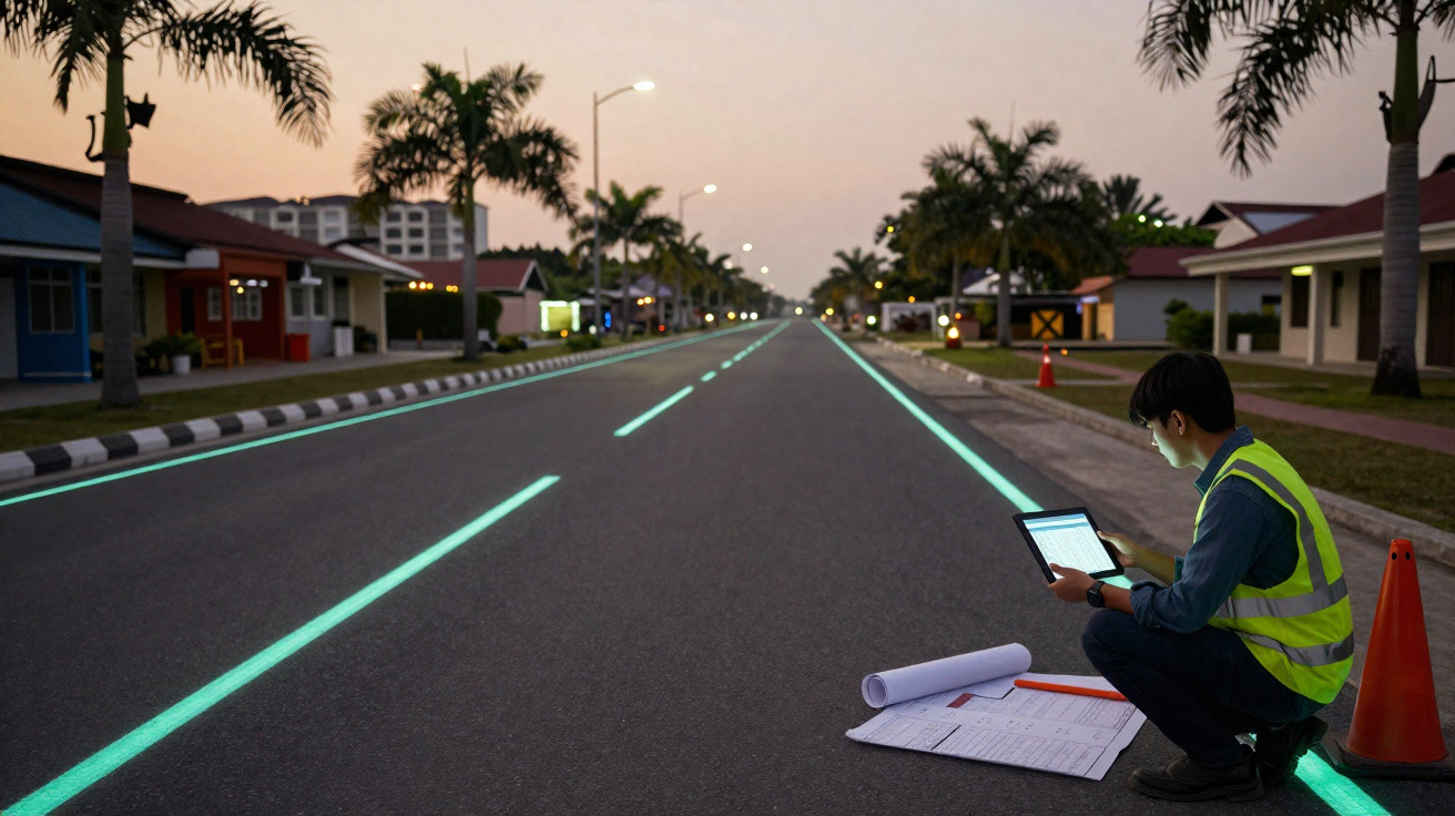 Homem com colete refletor verifica pranchas e tablet numa estrada iluminada com fita fluorescente ao pôr do sol.