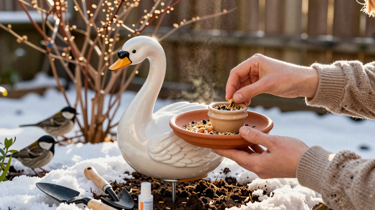 Mãos a alimentar pássaros com sementes num recipiente decorativo em forma de cisne, num jardim com neve.