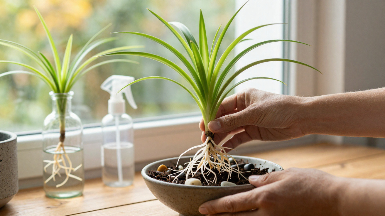 Mãos a transplantar planta com raízes expostas para vaso com terra junto a janela com luz natural.