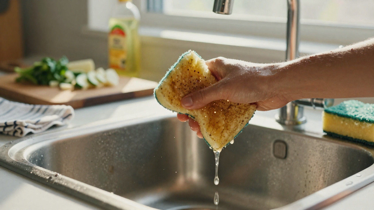 Mão a espremer uma esponja molhada sobre uma pia de cozinha em aço inoxidável.