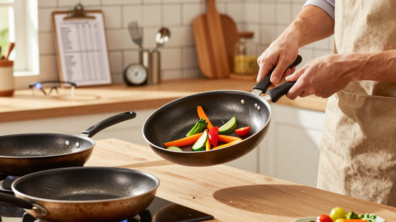 Pessoa a cozinhar legumes coloridos numa frigideira numa cozinha moderna.