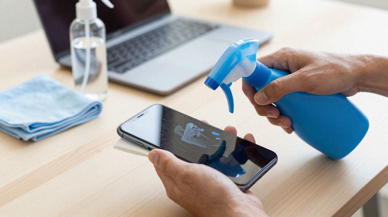 Pessoa a limpar o ecrã do telemóvel com spray e pano, num ambiente de trabalho com computador ao fundo.