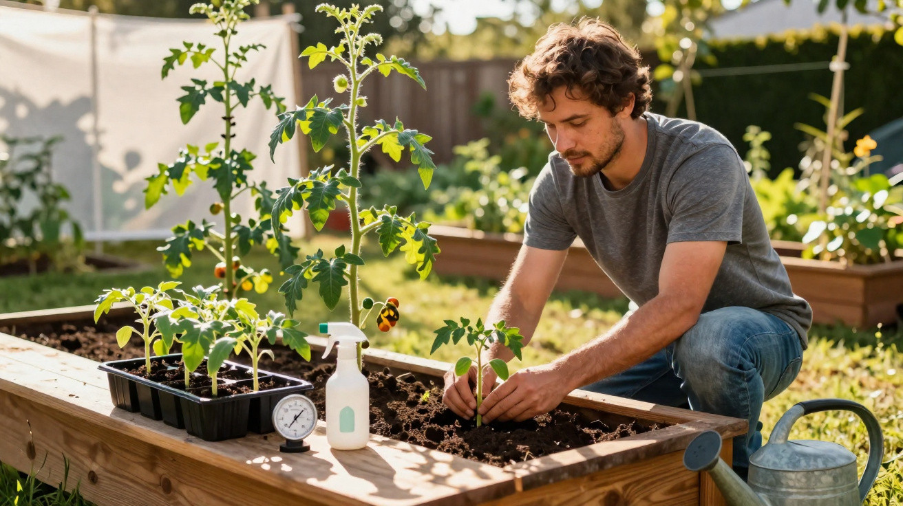 Homem a plantar mudas num canteiro elevado num jardim ensolarado com ferramentas de cultivo.
