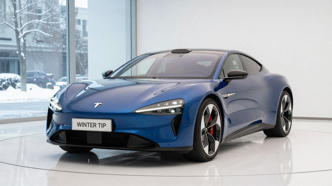 Carro elétrico desportivo azul da Tesla em exposição interior com neve visível no exterior.