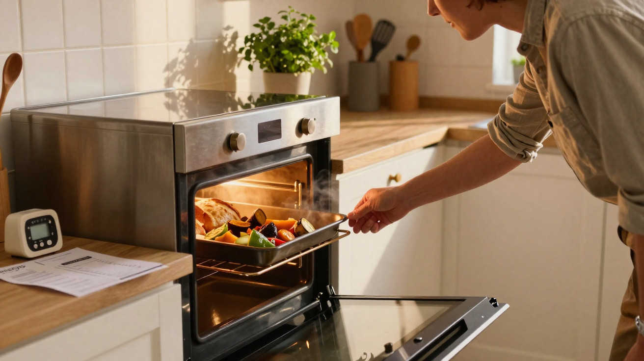 Pessoa a retirar tabuleiro com legumes assados do forno numa cozinha moderna e luminosa.