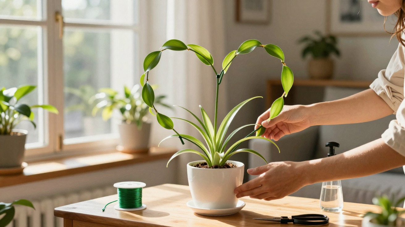 Mãos a cuidar de planta com folhas em forma de coração num vaso branco sobre mesa de madeira iluminada.