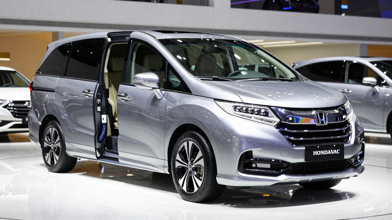 Carro Honda Prateado modelo minivan com porta de correr lateral aberta em exposição automóvel.