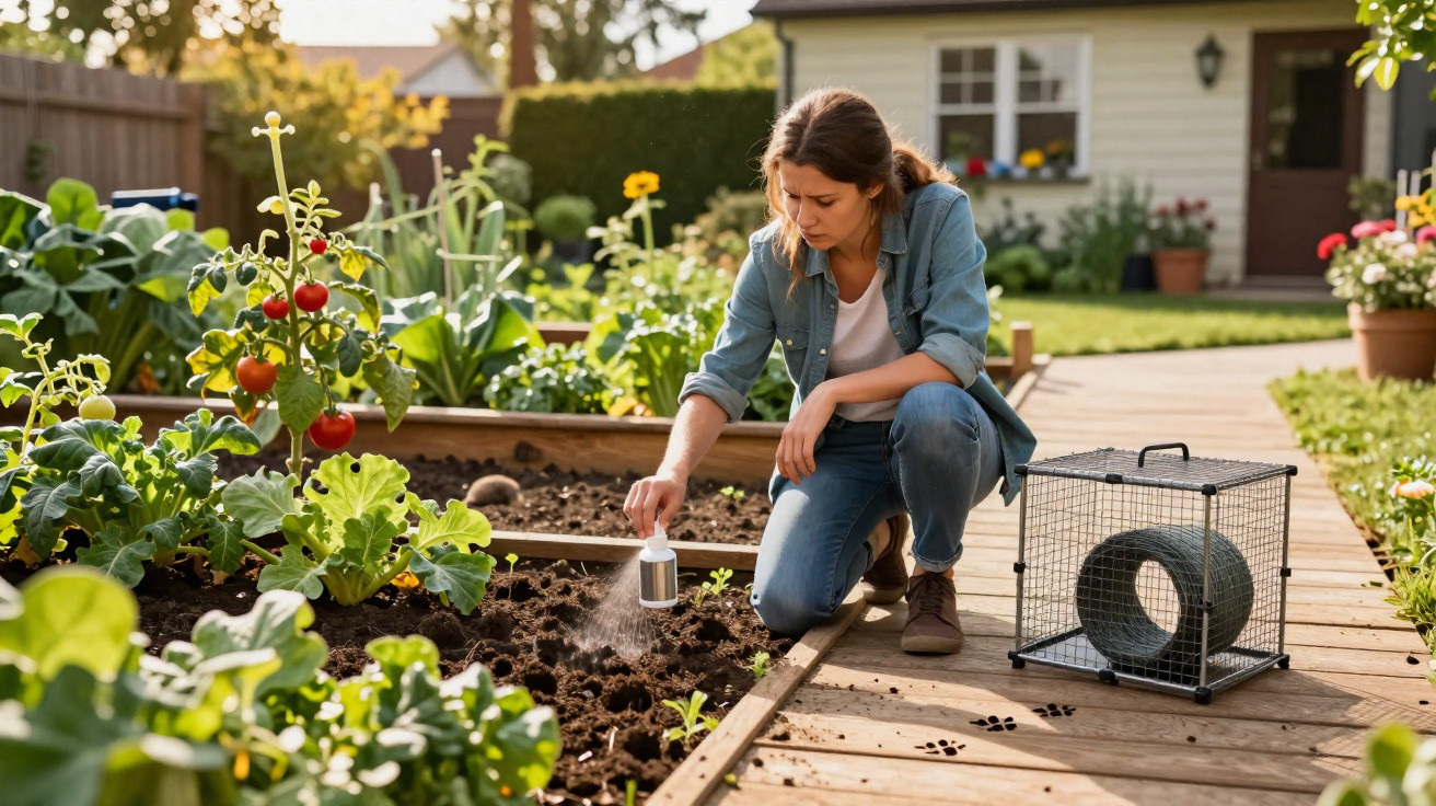 Mulher a aplicar pesticida num jardim com plantas e tomates, ao lado de ratoeira fechada.